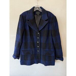 Tribal Jacket Blue Black Plaid Check Wool Women’s Size 14 Button Up Coat Jacket